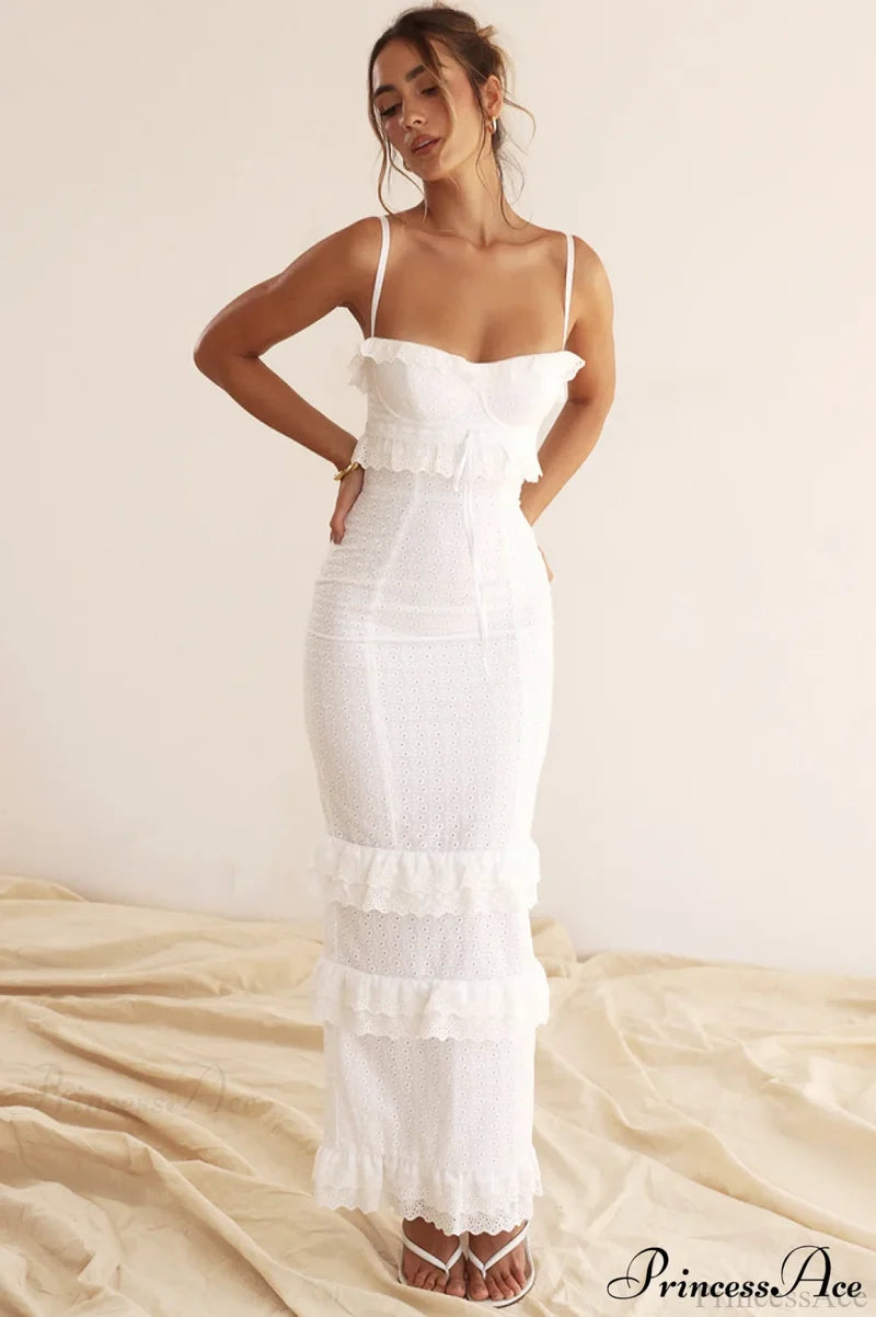 Eve White Stylish Broderie Maxi Dress
