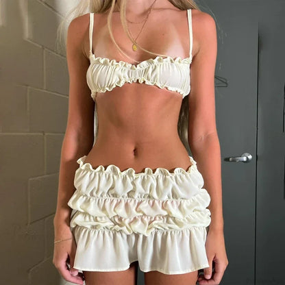 Fairycore 2 Piece Skirts Outfits Frills Spaghetti Strap Cami Crop Tops + Ruched Mini Pencil Skirt Women Y2K Vintage