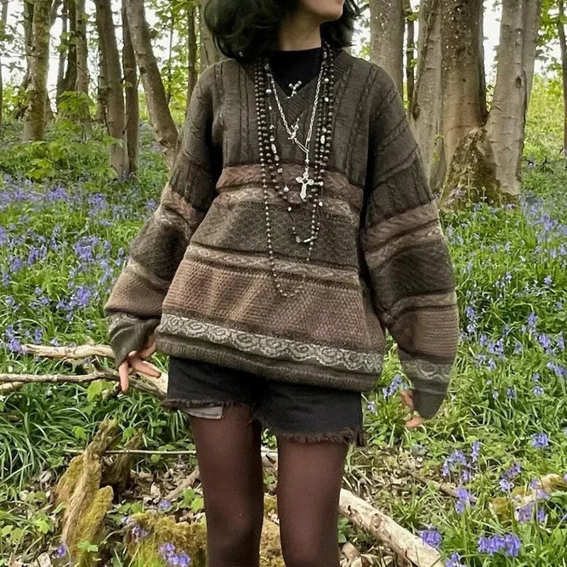 Fairycore Grunge Striped Print Sweater green / S