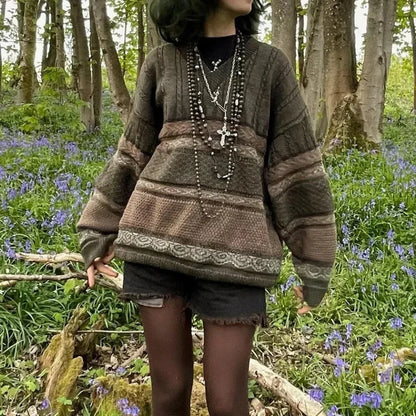 Fairycore Grunge Striped Print Sweater green / S