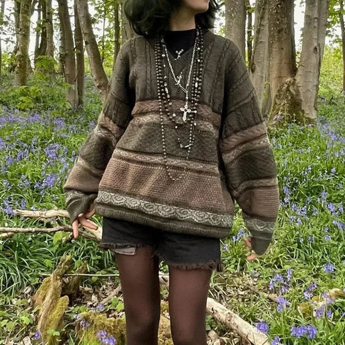 Fairycore Grunge Striped Print Sweater green / S