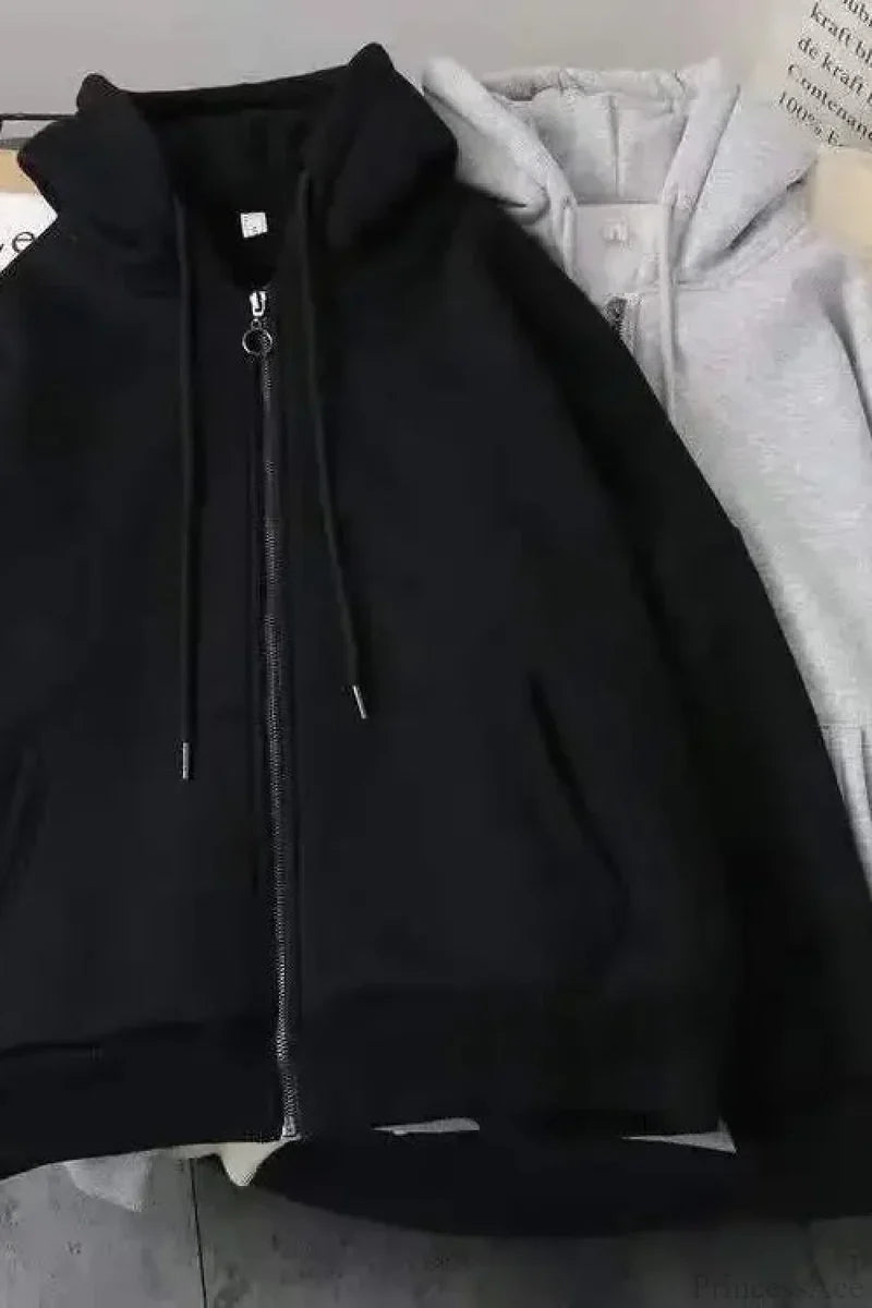 Fashion Trend Fleece Padded Zipper Hoodie Black 5 / M