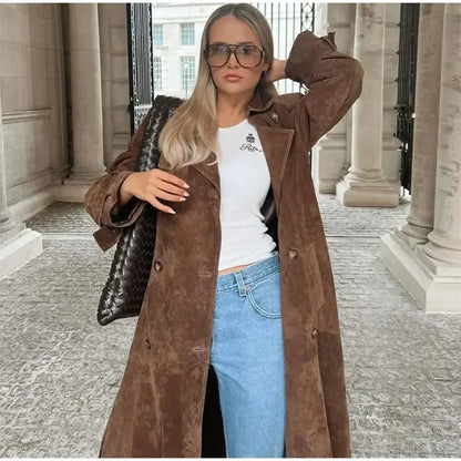 Faux Leather Lapel Double-Breasted Overcoat