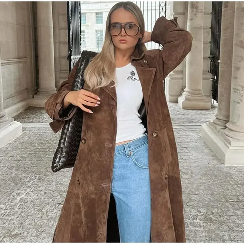 Faux Leather Lapel Double-Breasted Overcoat