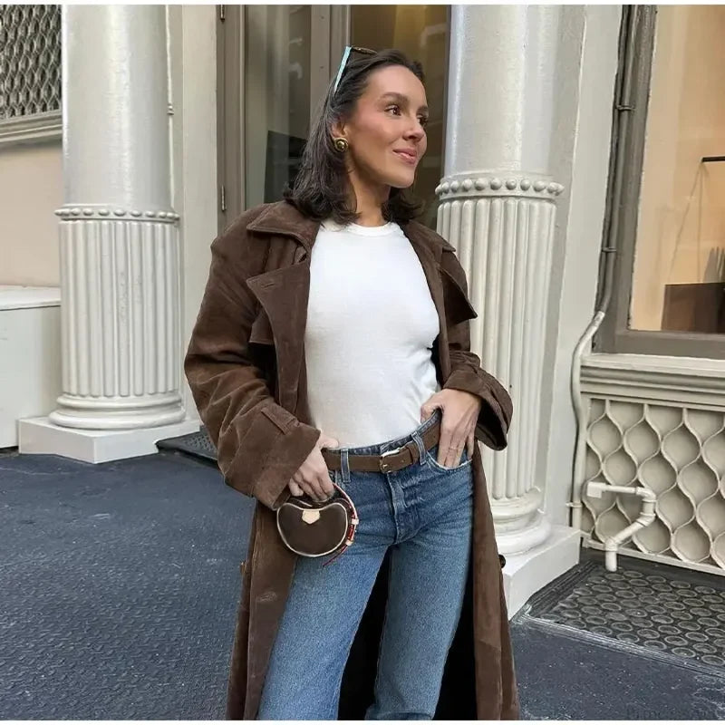 Faux Leather Lapel Double-Breasted Overcoat
