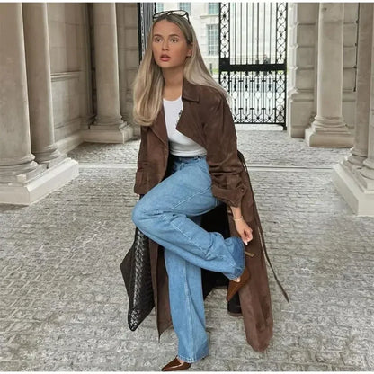 Faux Leather Lapel Double-Breasted Overcoat