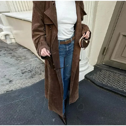 Faux Leather Lapel Double-Breasted Overcoat