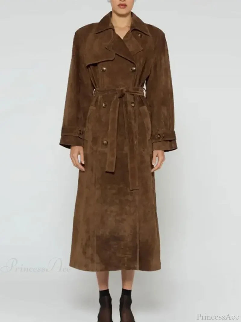 Faux Leather Lapel Double-Breasted Overcoat Brown / S