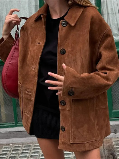 Faux Leather Lapel Double-Breasted Overcoat brown2 / S