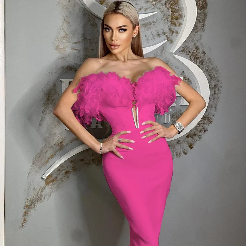Feather Off-Shoulder Midi Party Dress Rose Red / Xs Partydress-241208