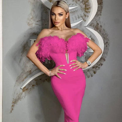 Feather Off-Shoulder Midi Party Dress Rose Red / Xs Partydress-241208