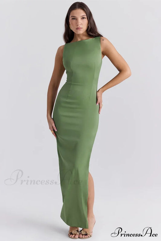 Filomena Olive Boat Charming Neck Maxi Dress Xs /