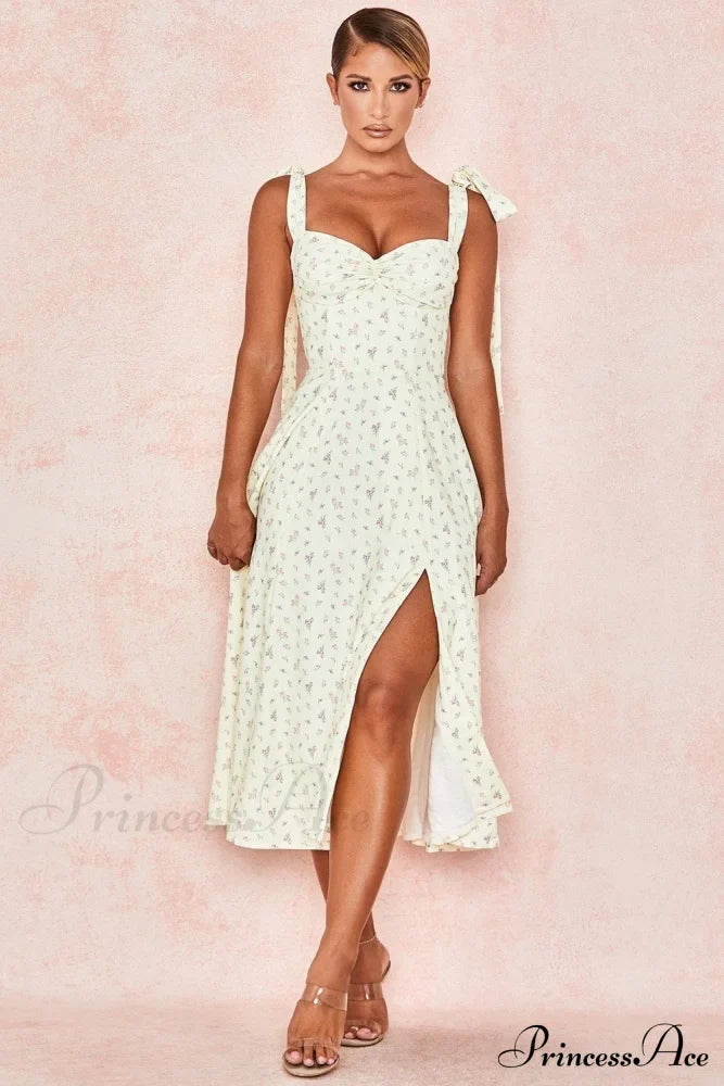 Fleur De Paris Charming Floral Split Midi Dress Yellow / S
