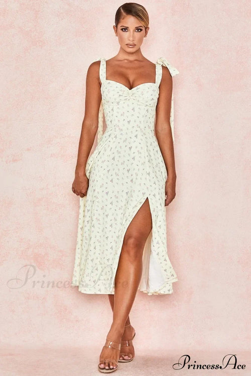 Fleur De Paris Charming Floral Split Midi Dress Yellow / S