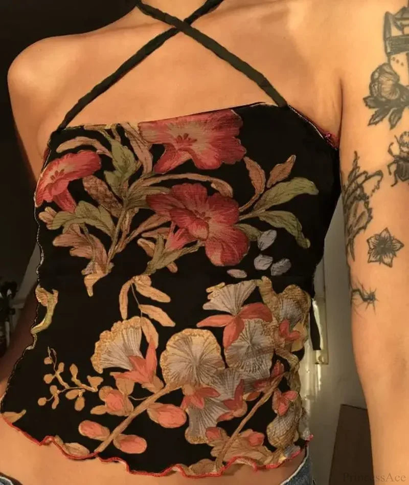 Floral Mesh Sheer Backless Halter Y2K Crop Top croptop-250126
