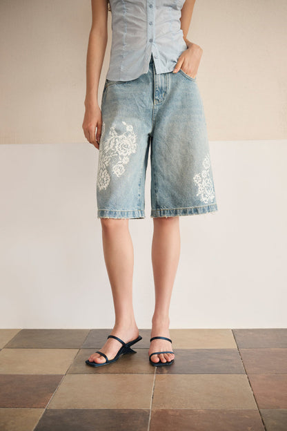 Floral print denim bermuda shorts