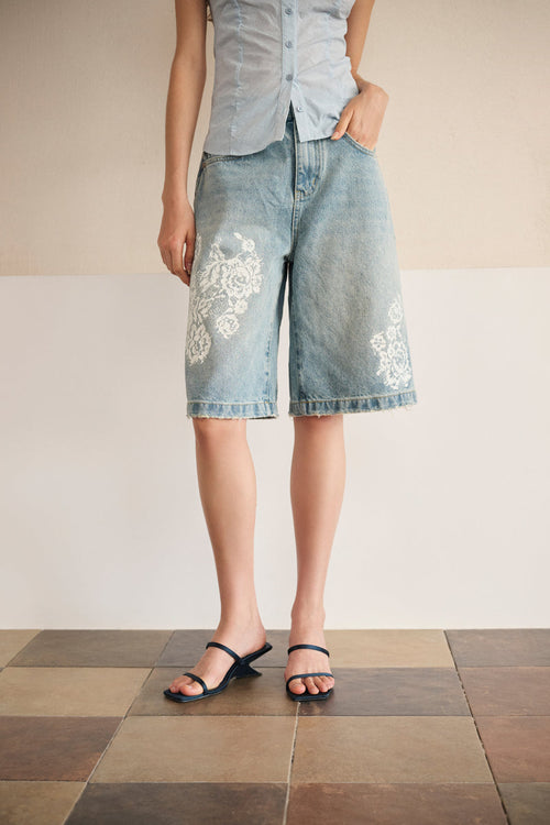 Floral print denim bermuda shorts