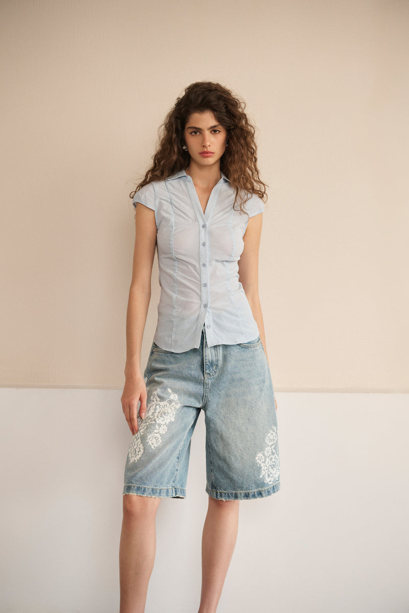 Floral print denim bermuda shorts