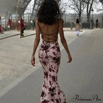Floral Print Strappy Charming Back Tie-Up Midi Dress