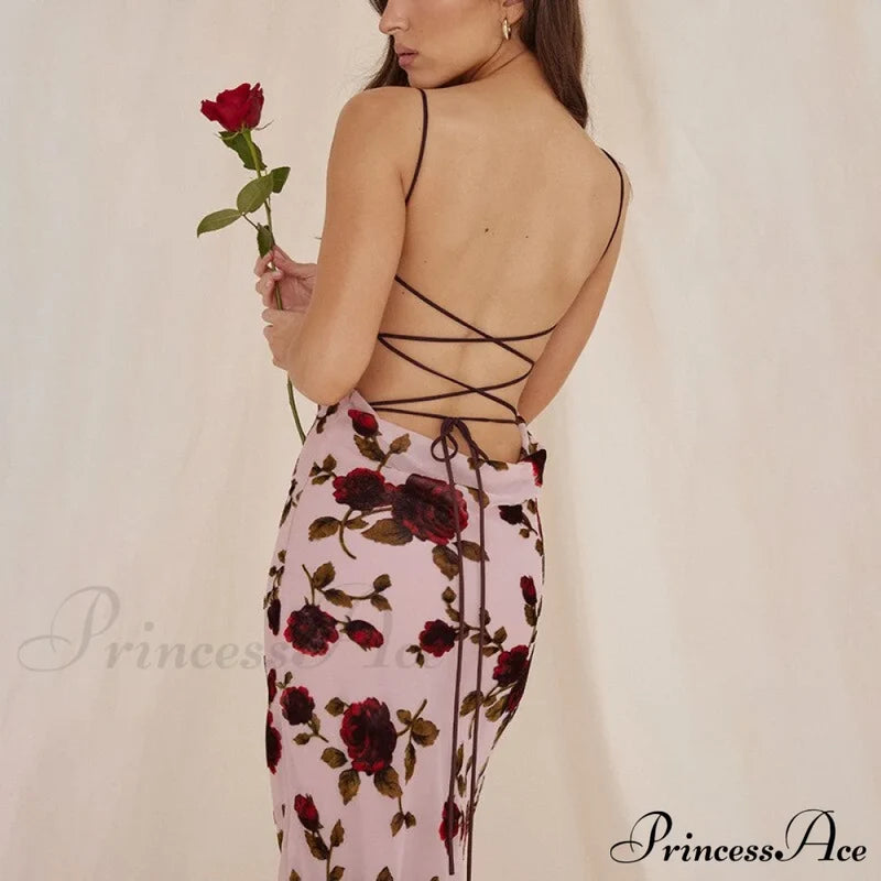 Floral Print Strappy Charming Back Tie-Up Midi Dress