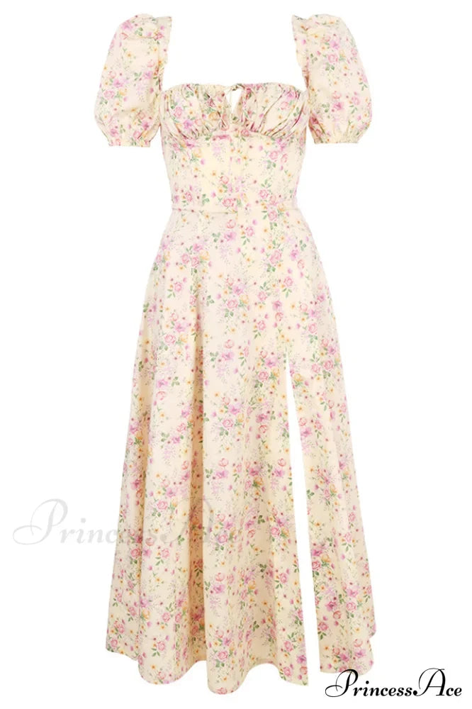 Floral Puff Sleeve Charming Boho Midi Dress