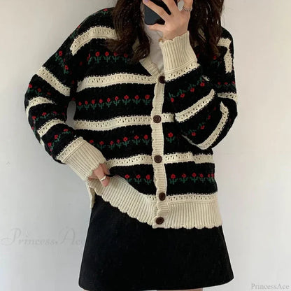 Floral Striped Textured Button Front Cardigan cardiagn-250126