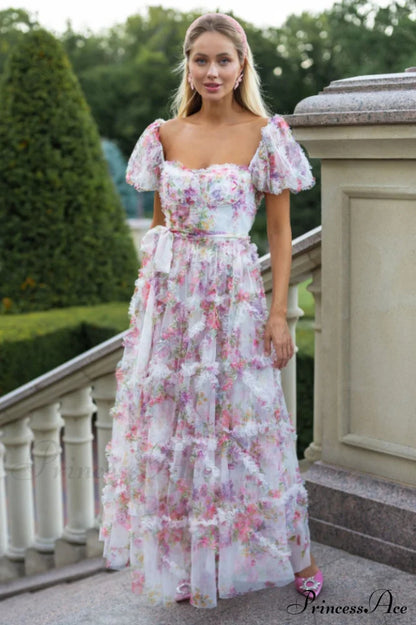 Floral Tulle Puff Sleeve Graceful Bow Tie Maxi Dress