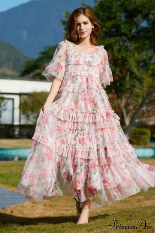 Floral Tulle Ruffle Charming Layered Maxi Dress
