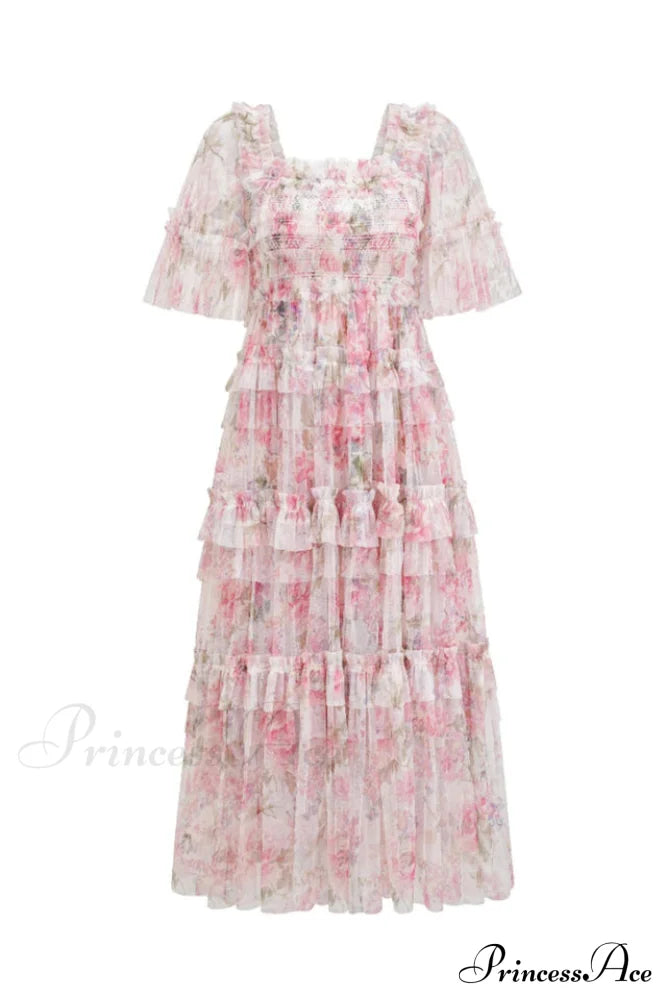 Floral Tulle Ruffle Charming Layered Maxi Dress S / 1#