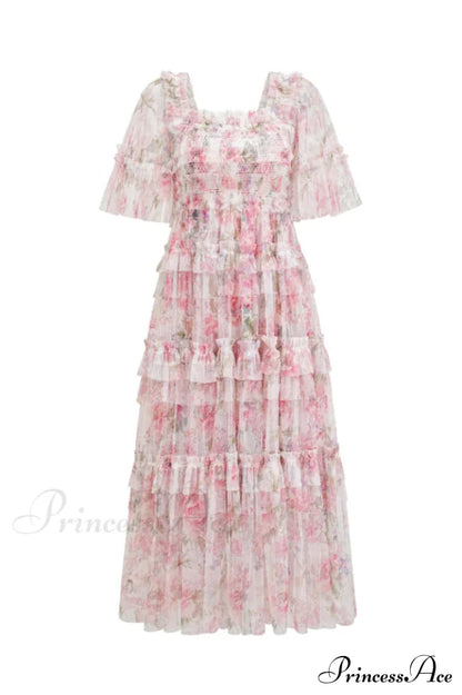 Floral Tulle Ruffle Charming Layered Maxi Dress S / 1#