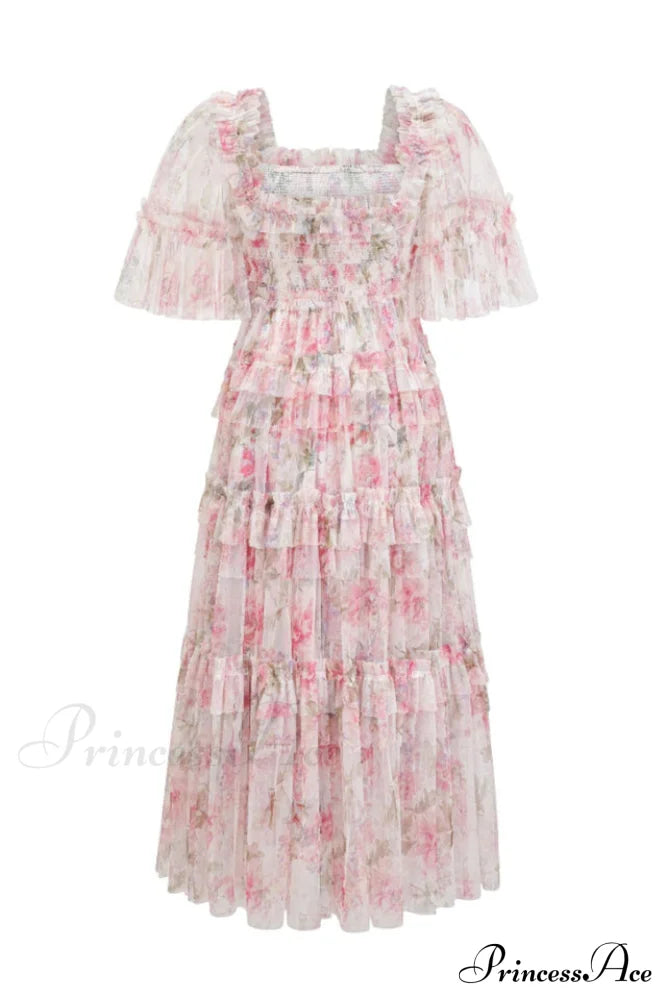 Floral Tulle Ruffle Charming Layered Maxi Dress