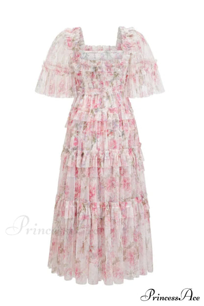 Floral Tulle Ruffle Charming Layered Maxi Dress