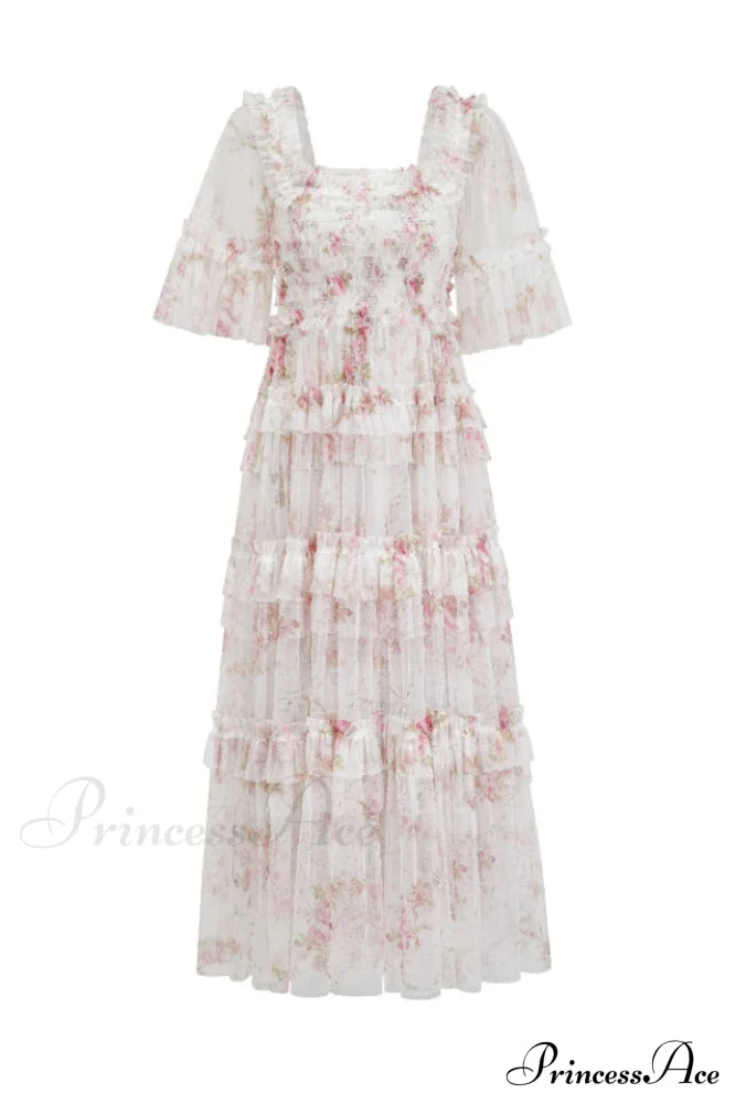 Floral Tulle Ruffle Charming Layered Maxi Dress S / 2#