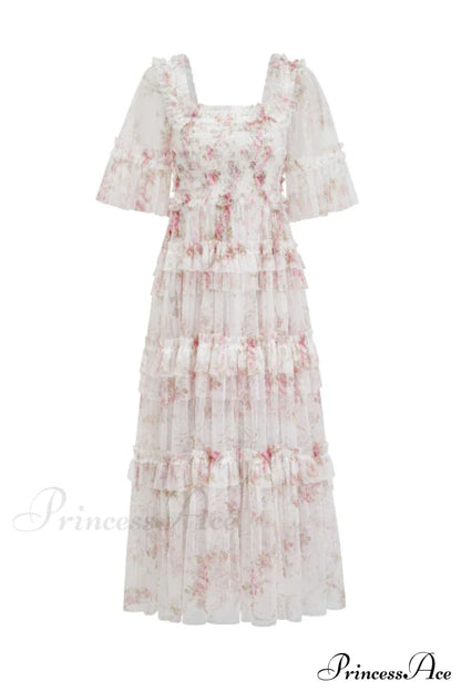 Floral Tulle Ruffle Charming Layered Maxi Dress S / 2#