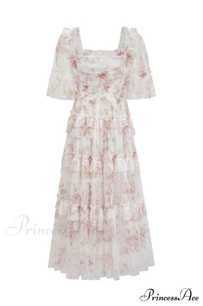 Floral Tulle Ruffle Charming Layered Maxi Dress