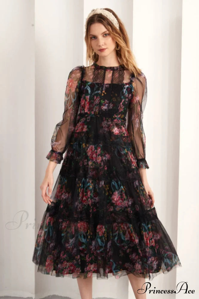 Floral Wonder Stylish Midi Dress S / Black