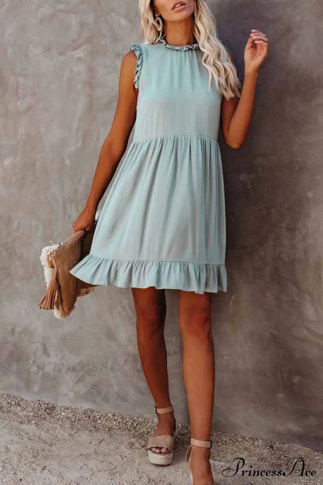Florcoo Loose Solid Color Modern Short Sleeve V-Neck Mini Dress S / Light Blue Dresses