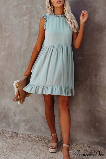 Florcoo Loose Solid Color Modern Short Sleeve V-Neck Mini Dress S / Light Blue Dresses