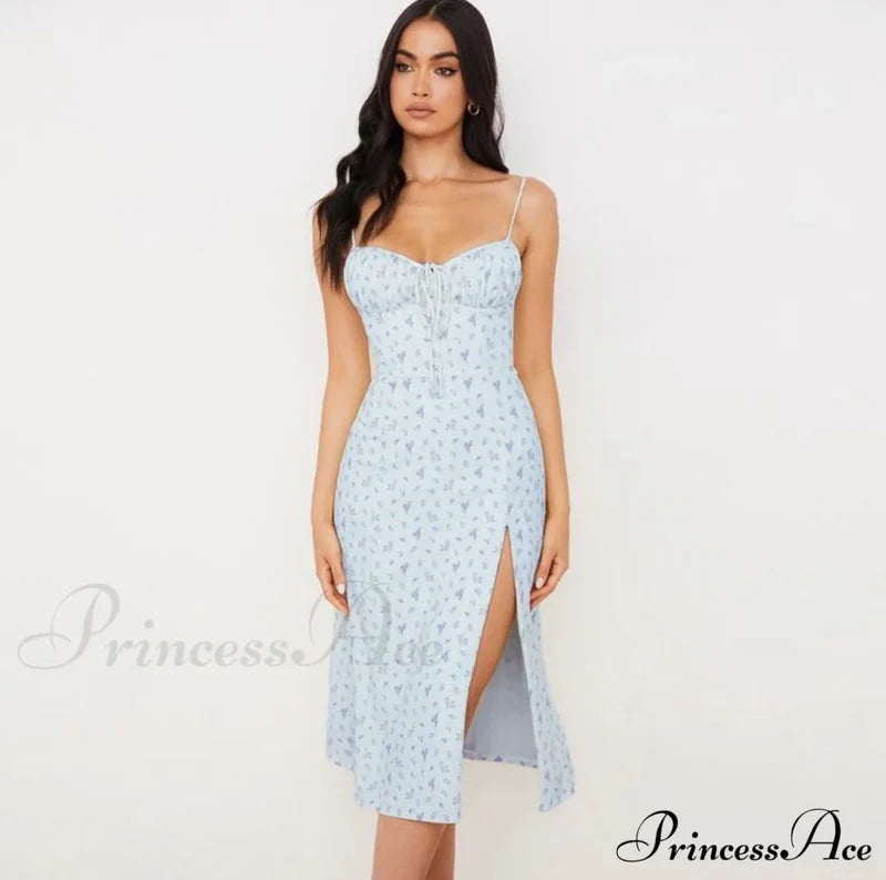 Flower Fields Slip Charming Floral Split Midi Dress Blue / S