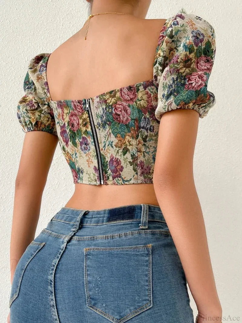 French Floral Corset Lace Up Bustier Crop Top croptop-250126