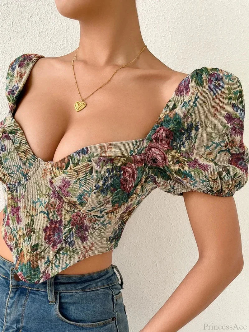 French Floral Corset Lace Up Bustier Crop Top croptop-250126