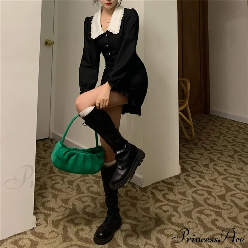 French Lace Peter Pan Modern Collar Ruffle Short Dress