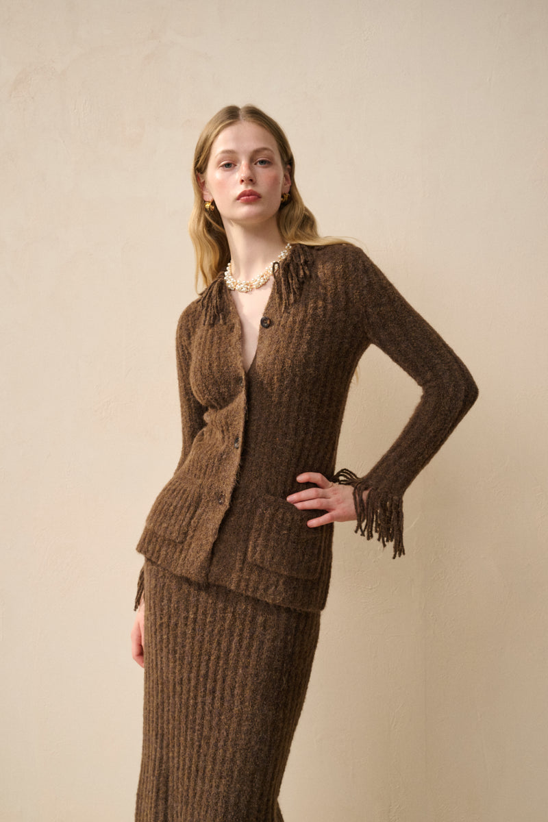 Fringed wool blend cardigan