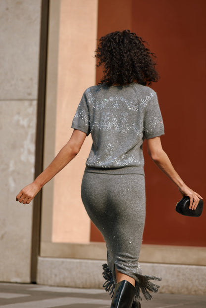 Frosted pearls fringed skirt