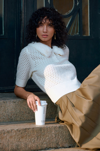 Fur collar open knit sweater