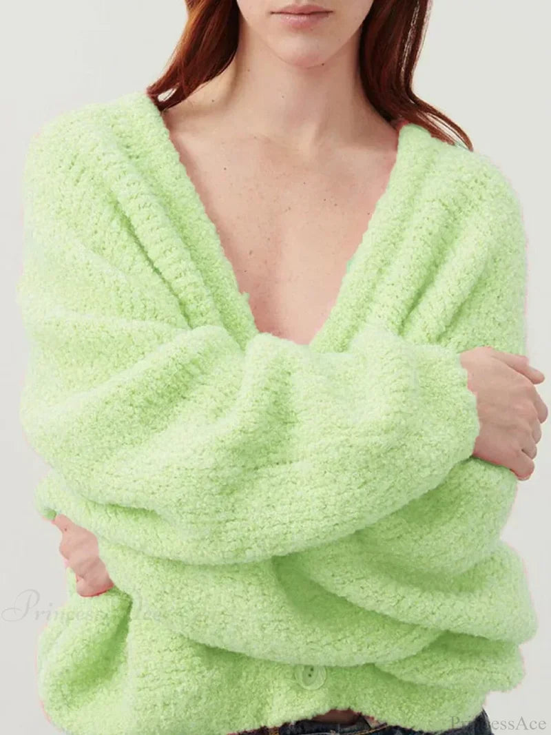 Fuzzy V-neck Button-front Cardigan