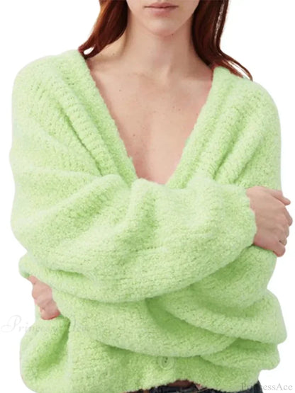 Fuzzy V-neck Button-front Cardigan Green / S