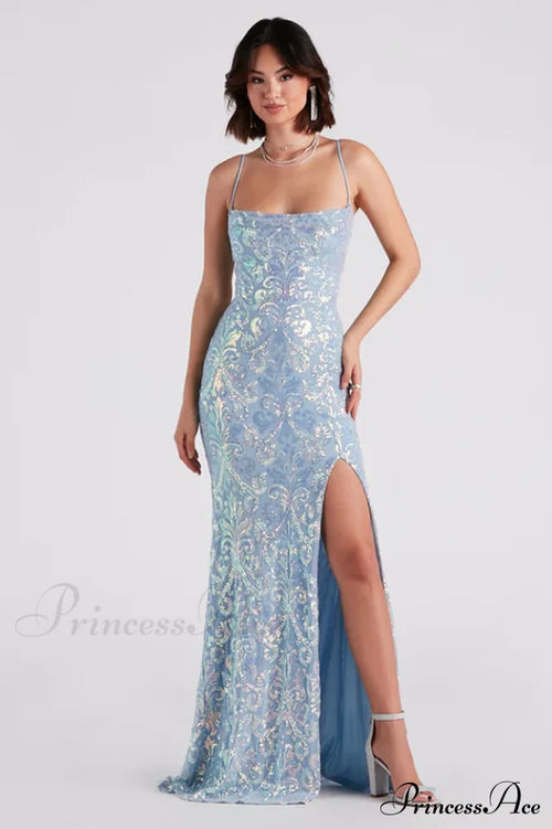 Gabrielle Formal Stylish Sequin Long Dress S / Light Blue