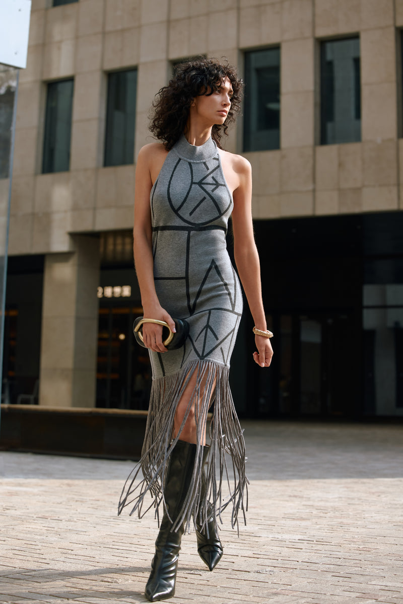 Geometric fringed wool dress