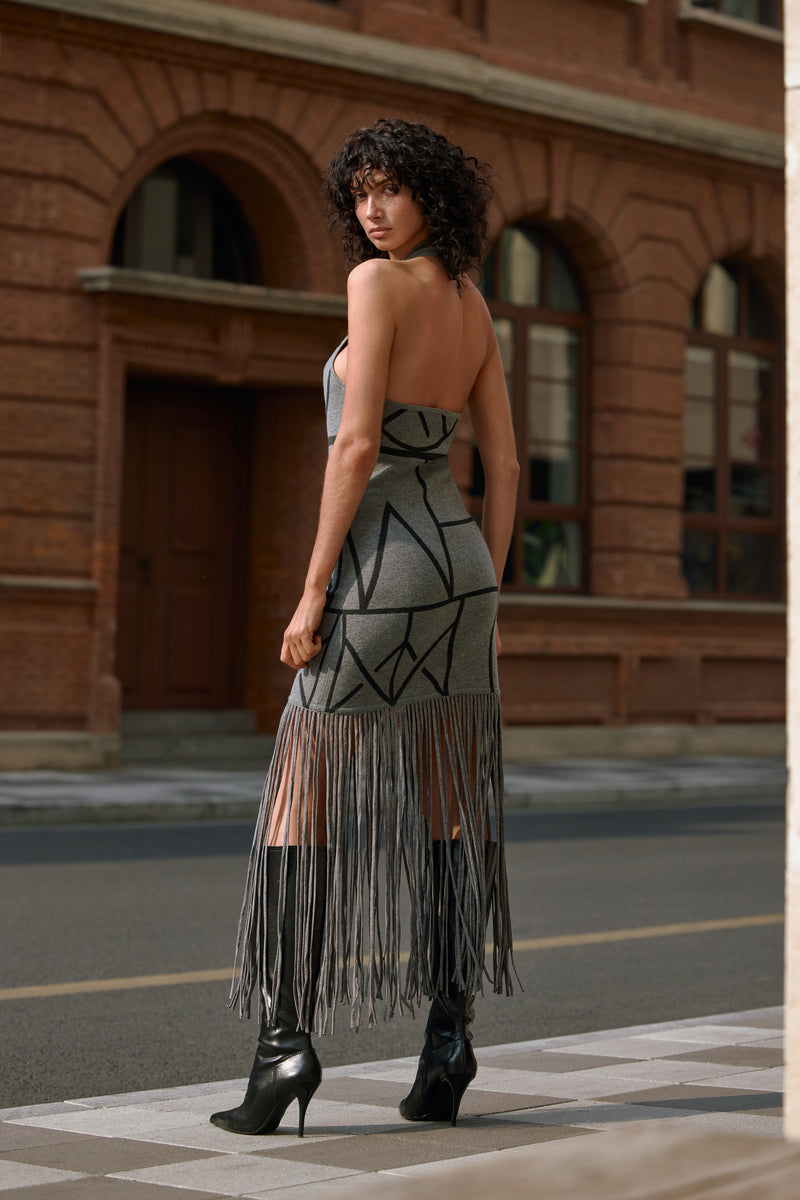 Geometric fringed wool dress